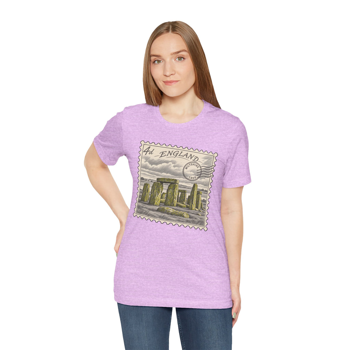 Heather prism lilac short-sleeve t-shirt with England postage stamp graphic on front