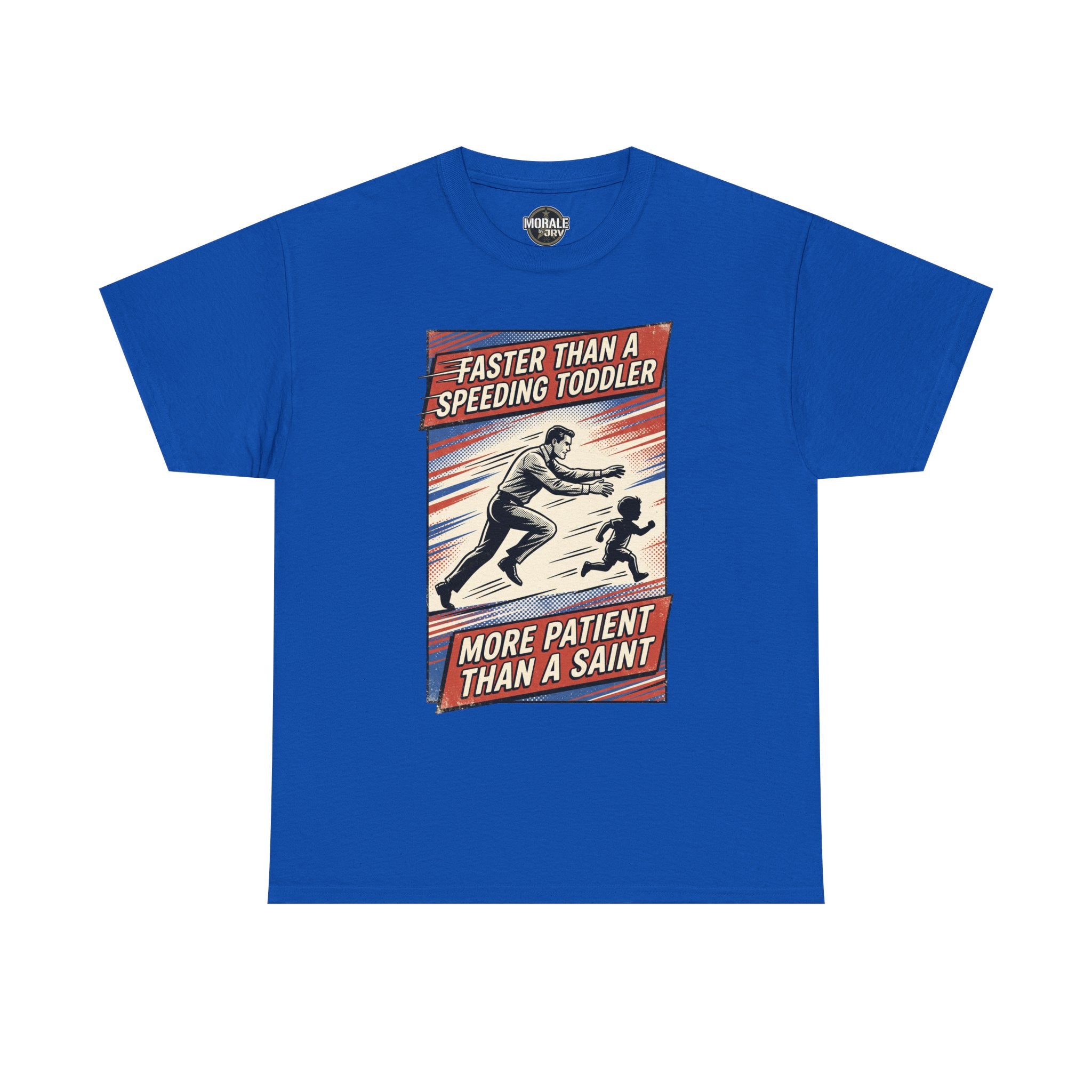 Faster Than A Speeding Toddler T-Shirt, blue, centered vintage slogan illustration