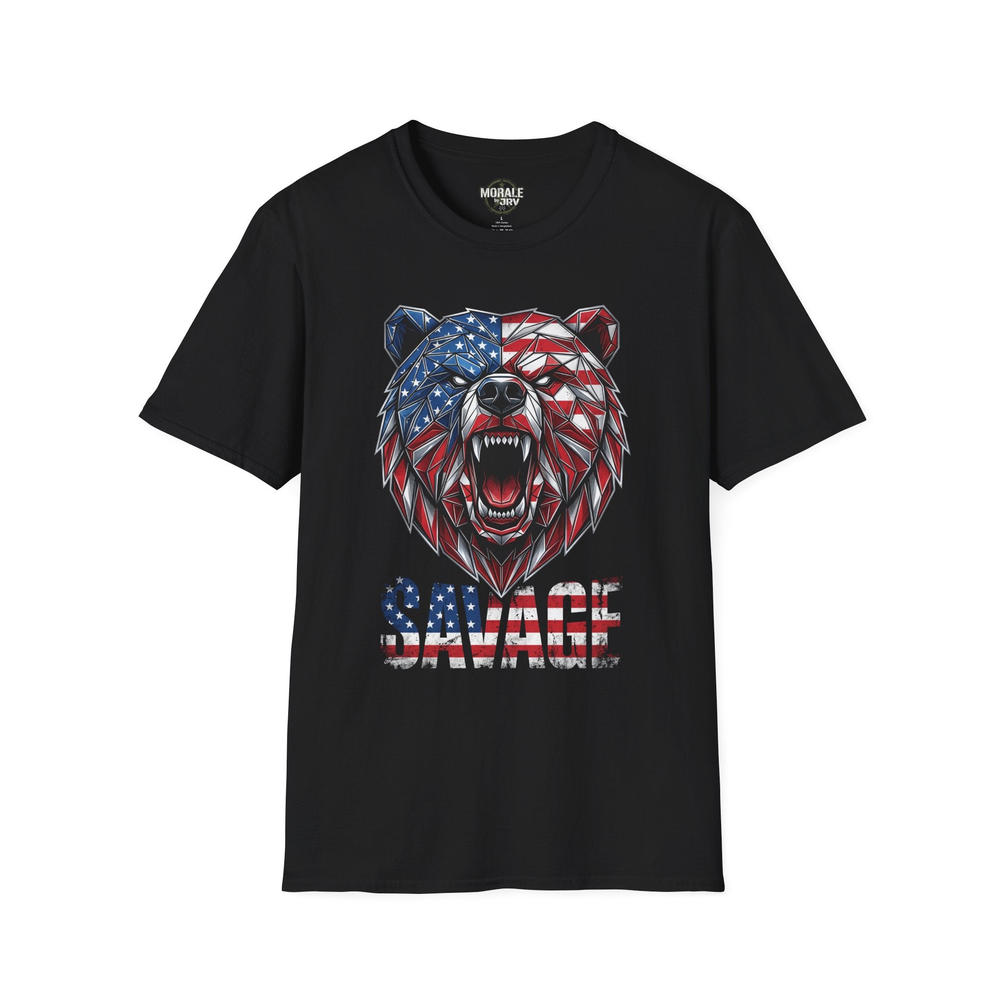 Black graphic T-shirt with geometric American flag bear head and SAVAGE text