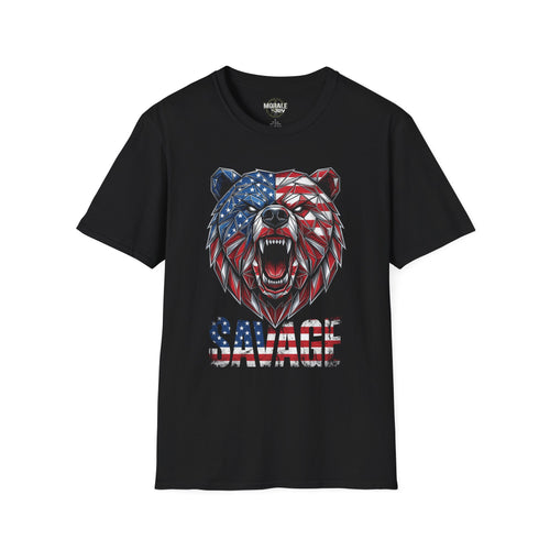 Black graphic T-shirt with geometric American flag bear head and SAVAGE text