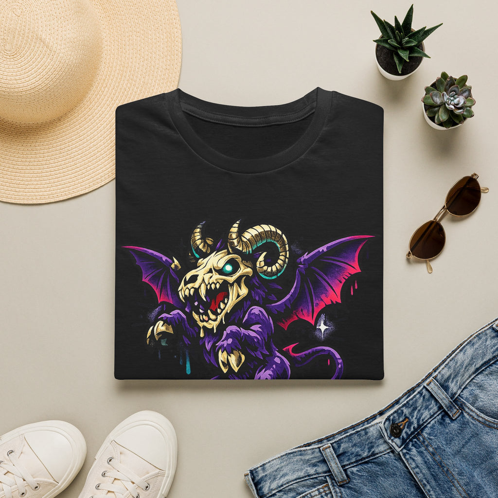 Black gothic monster T-shirt with purple bat-skull ram creature graphic