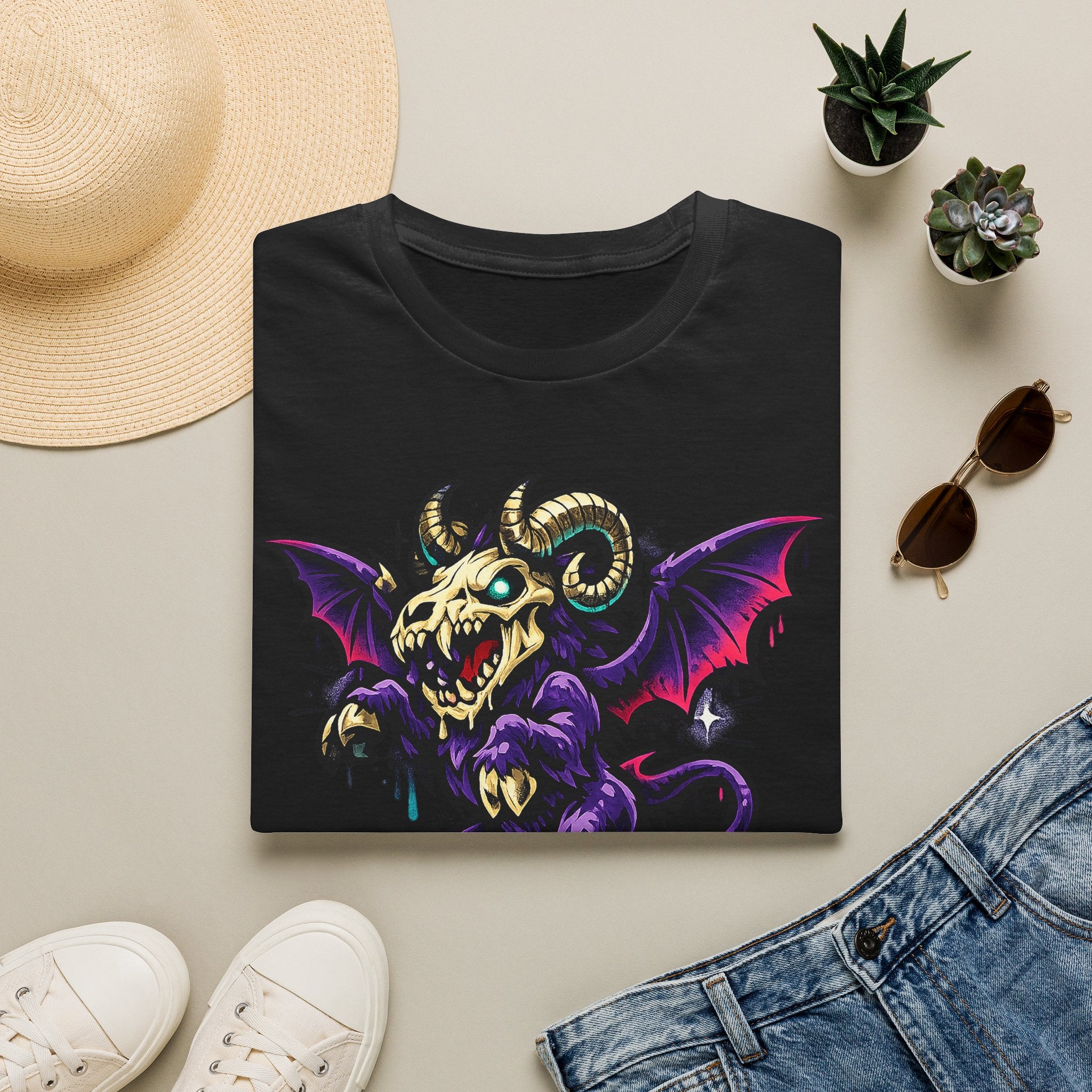 Black gothic monster T-shirt with purple bat-skull ram creature graphic