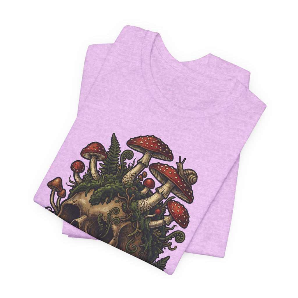 Mushroom skull T-shirt back, lilac heather with woodland fungi skull illustration