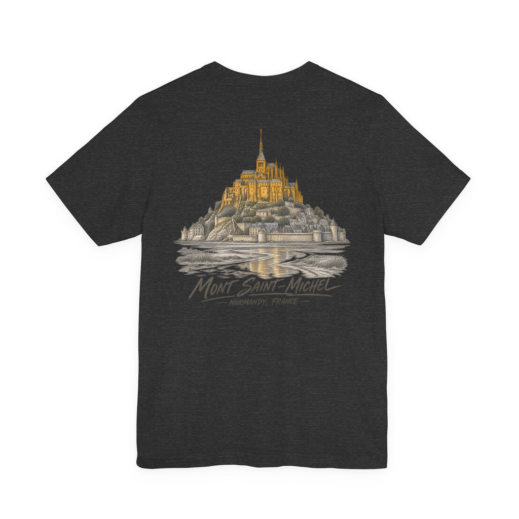 Dark charcoal T-shirt with castle artwork across the back and text logo print