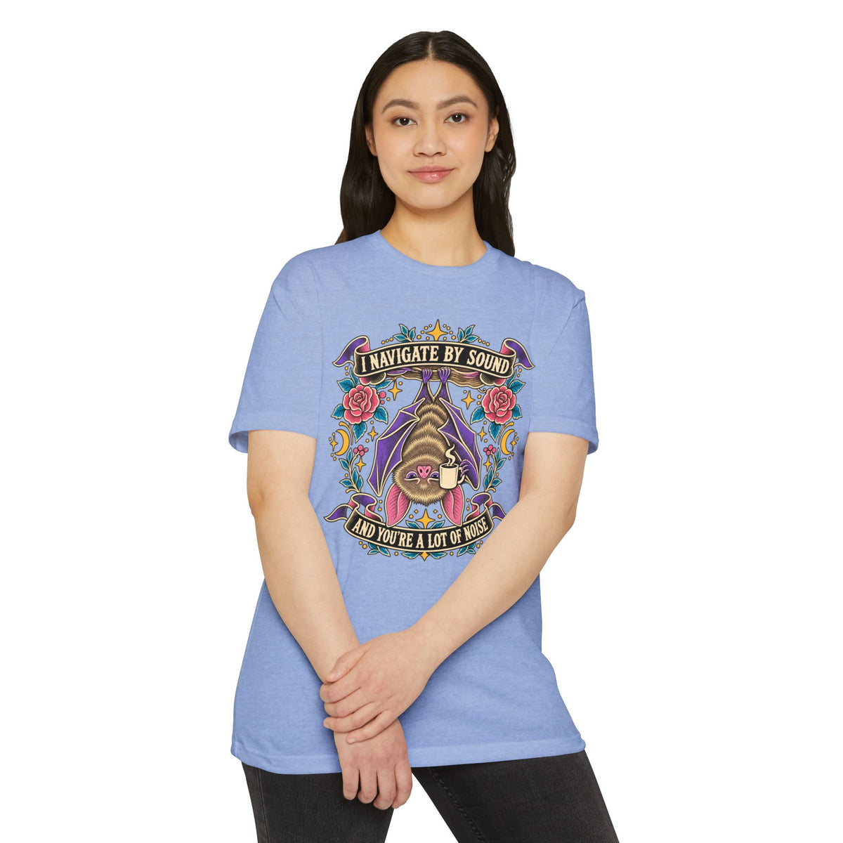 Unisex light blue graphic T-shirt with bat and floral music text print