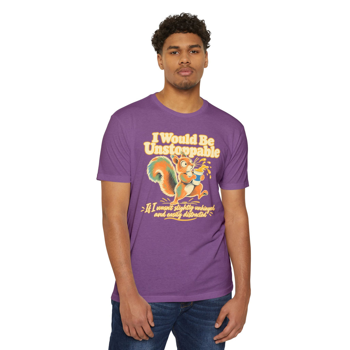 Purple crewneck T-shirt with colorful squirrel graphic on the front