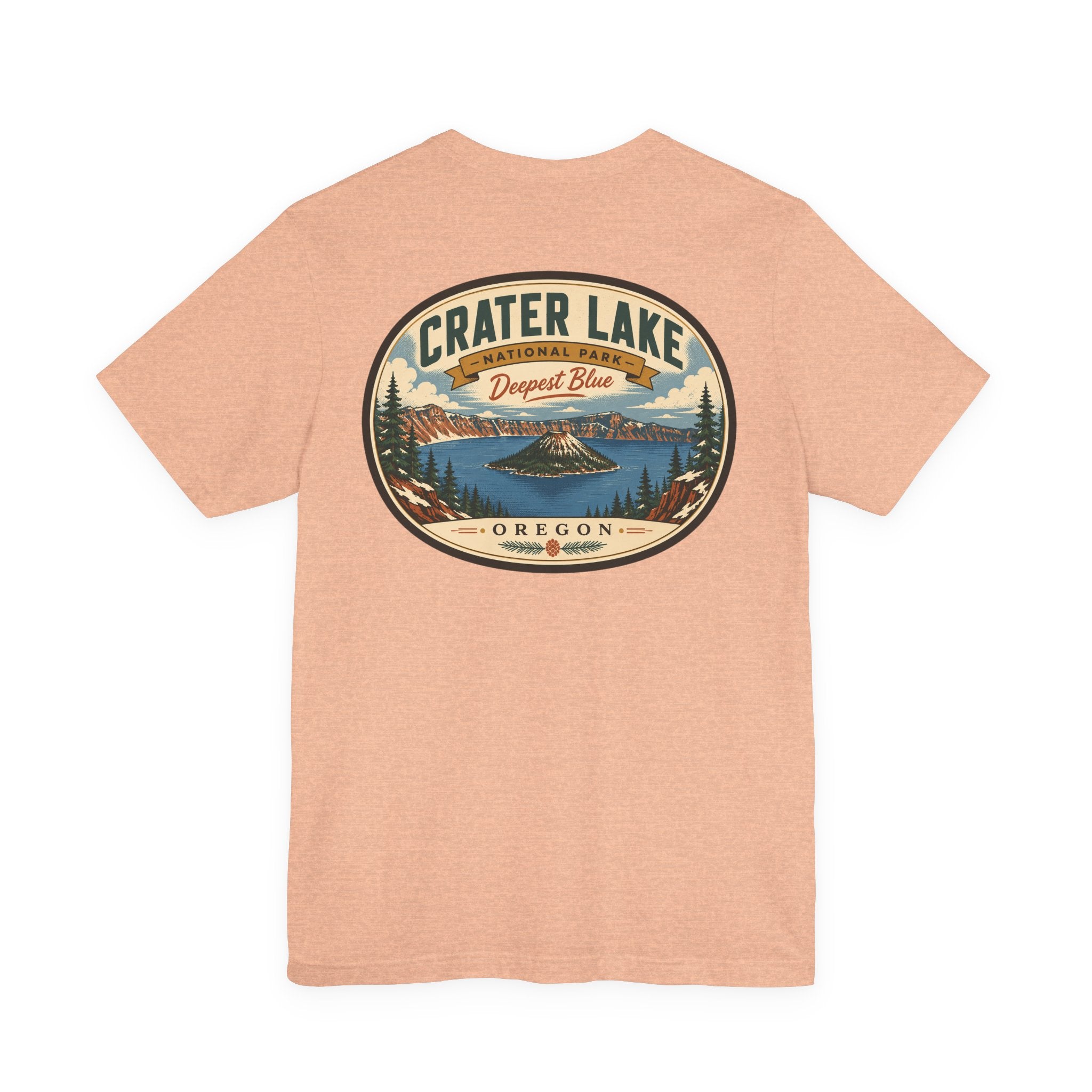 Crater Lake souvenir t-shirt, heather peach, large circular lake logo graphic on chest
