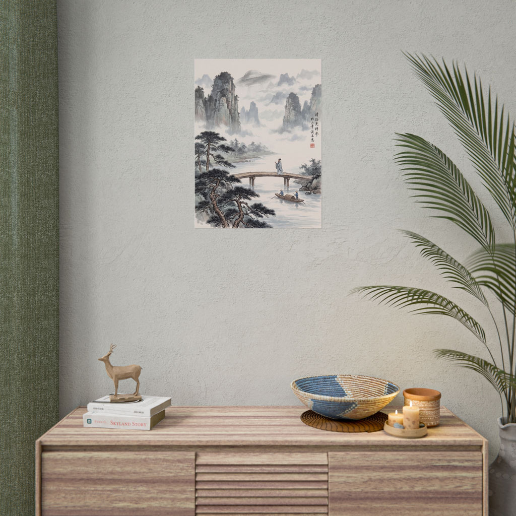 Traditional Chinese landscape rolled poster mounted on wall, with misty mountains and river bridge