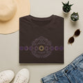 Dark brown crew-neck T-shirt with moon phase circle graphic and central geometric moon