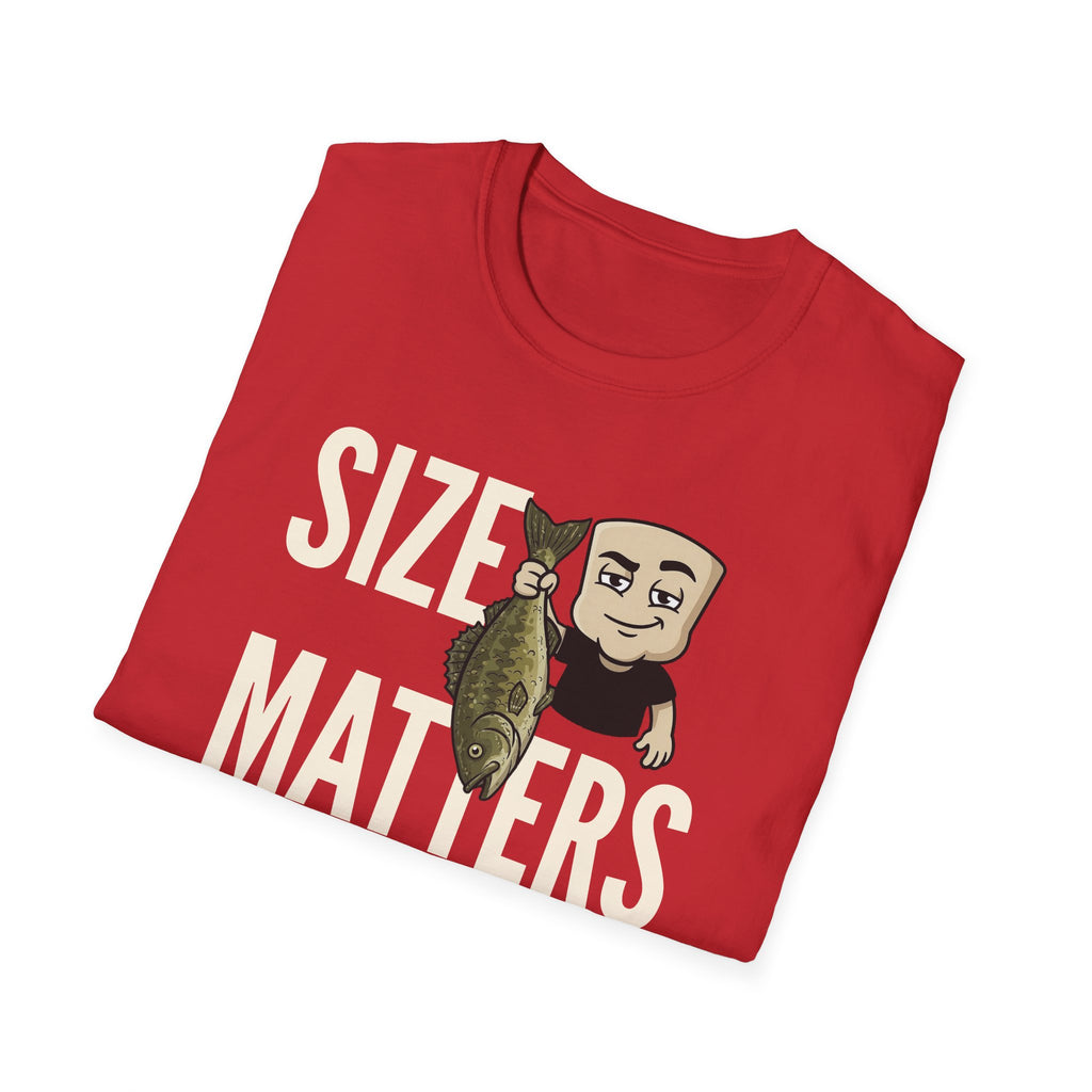 Red T-shirt with “SIZE MATTERS” text and a cartoon fisherman holding a fish.