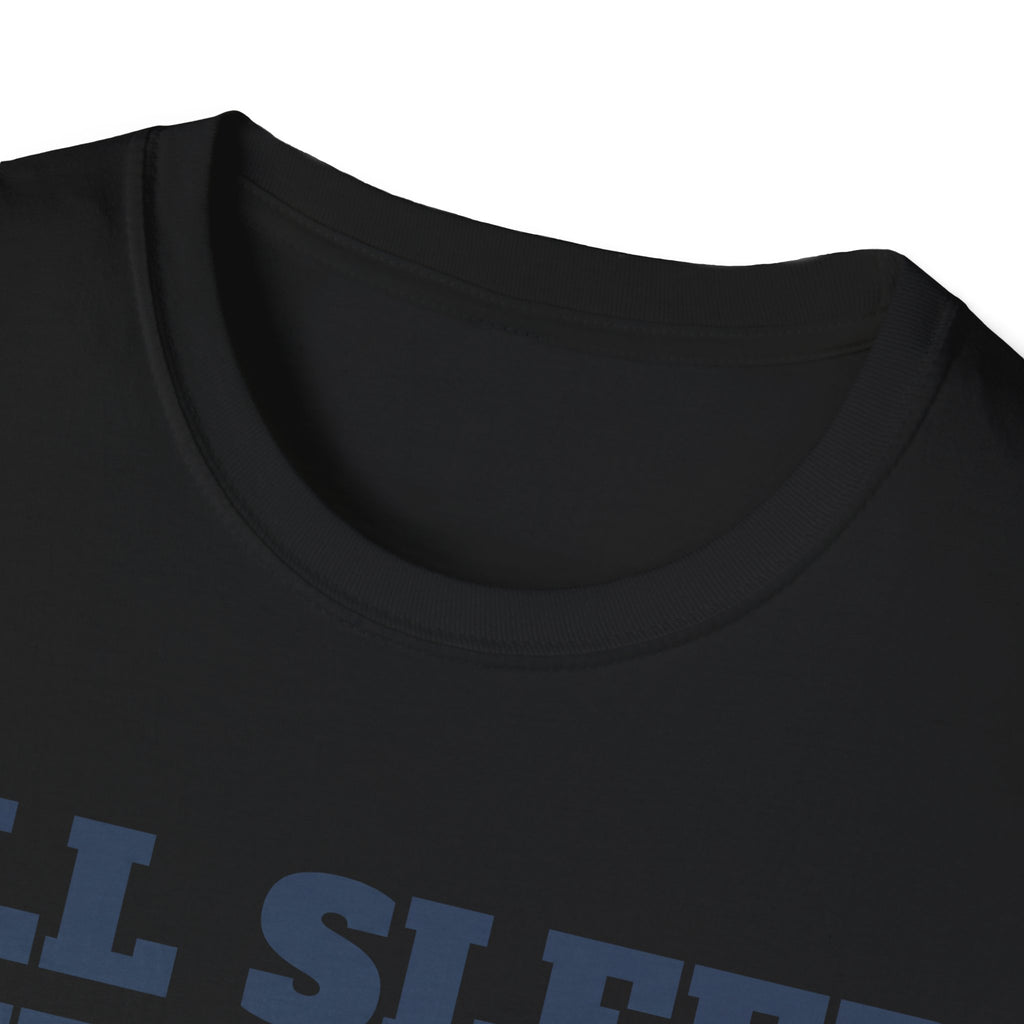 Black crewneck T-shirt with blue graphic text on the chest, close-up of collar