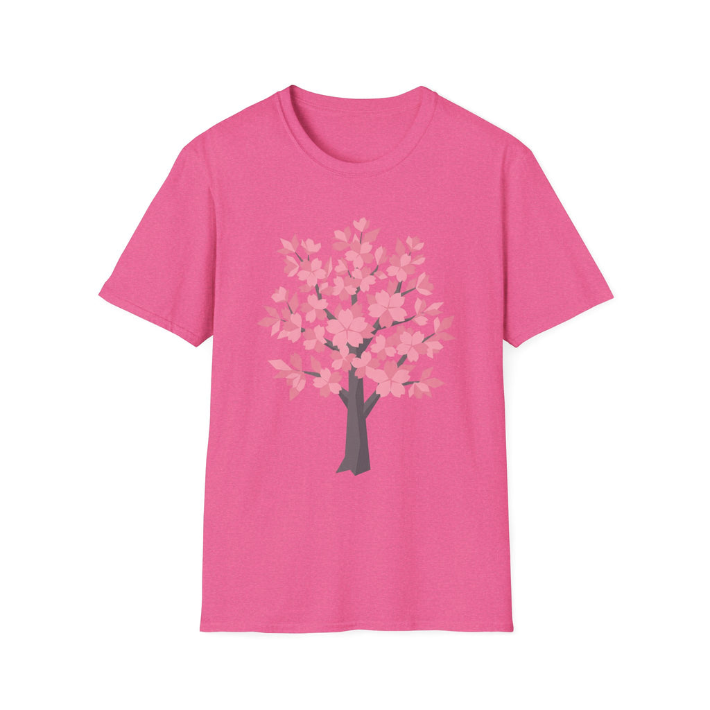 Fuchsia pink T-shirt with pink cherry blossom tree graphic across the chest