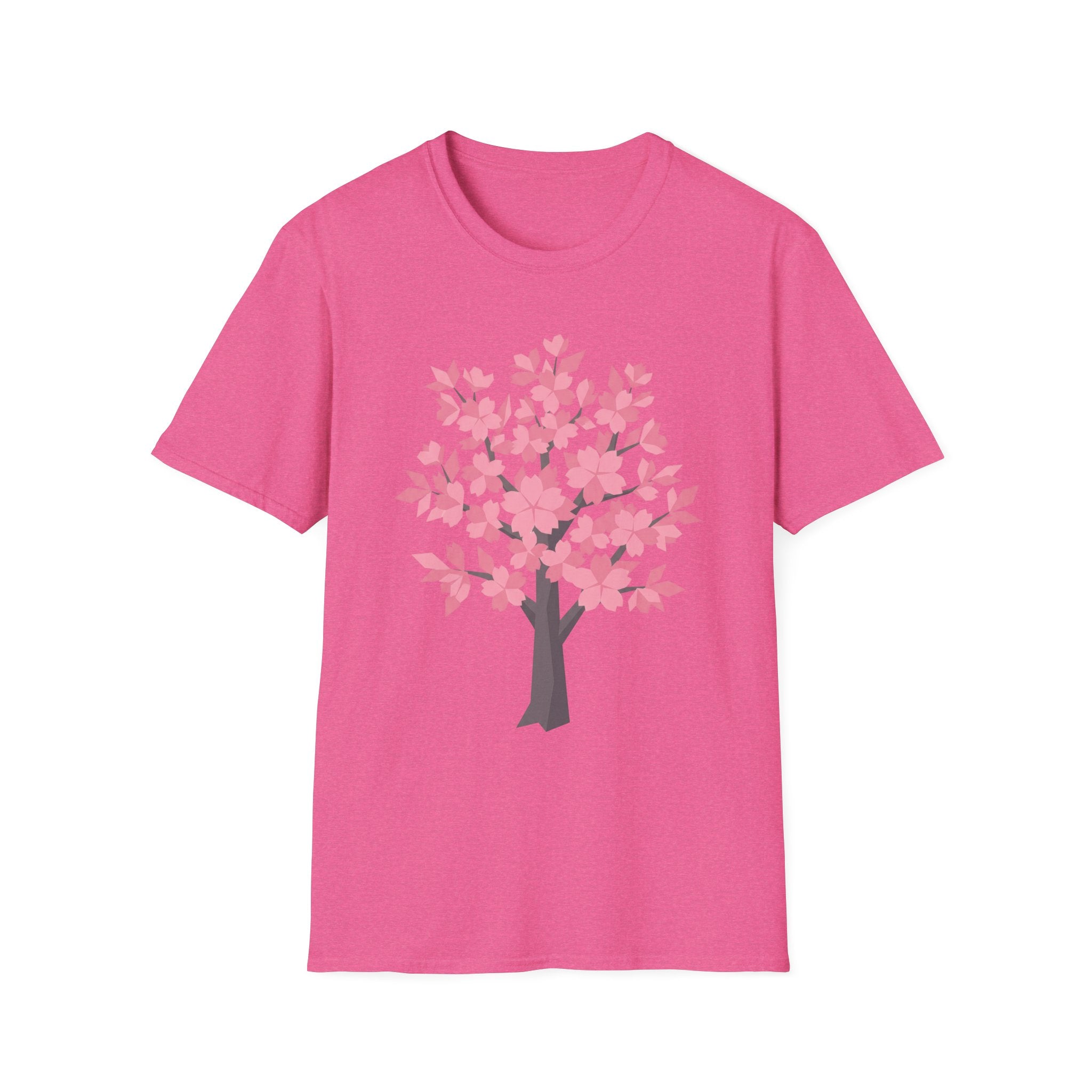 Fuchsia pink T-shirt with pink cherry blossom tree graphic across the chest