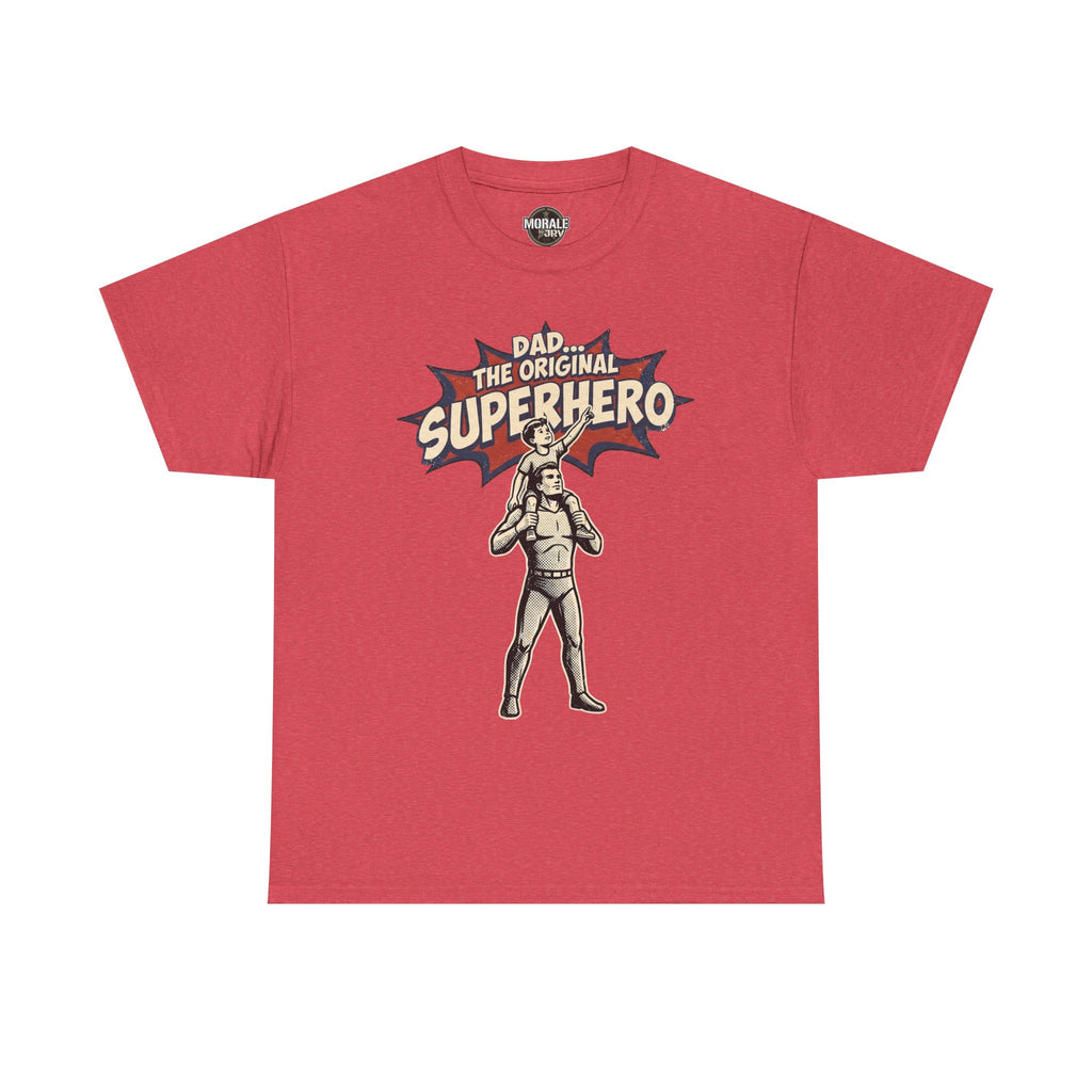 Red crewneck T-shirt with retro comic superhero dad graphic on the chest