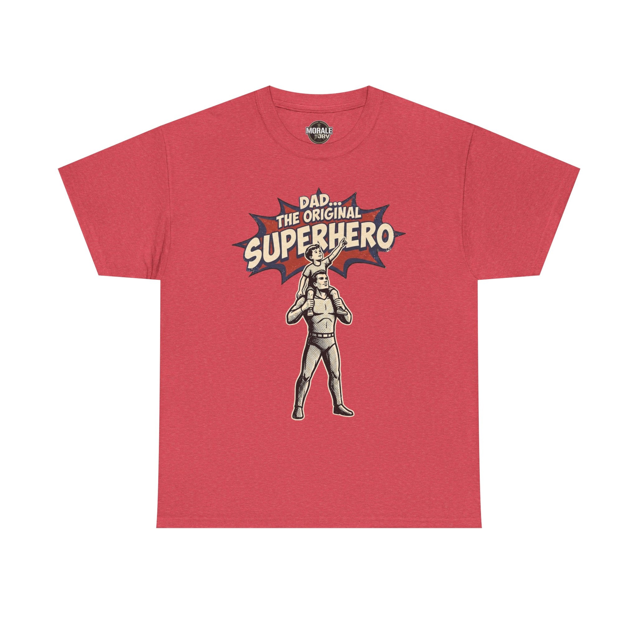 Red crewneck T-shirt with retro comic superhero dad graphic on the chest