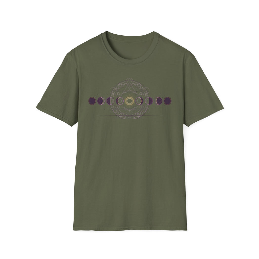 Olive green T-shirt with moon-phase style circular geometric graphic on chest