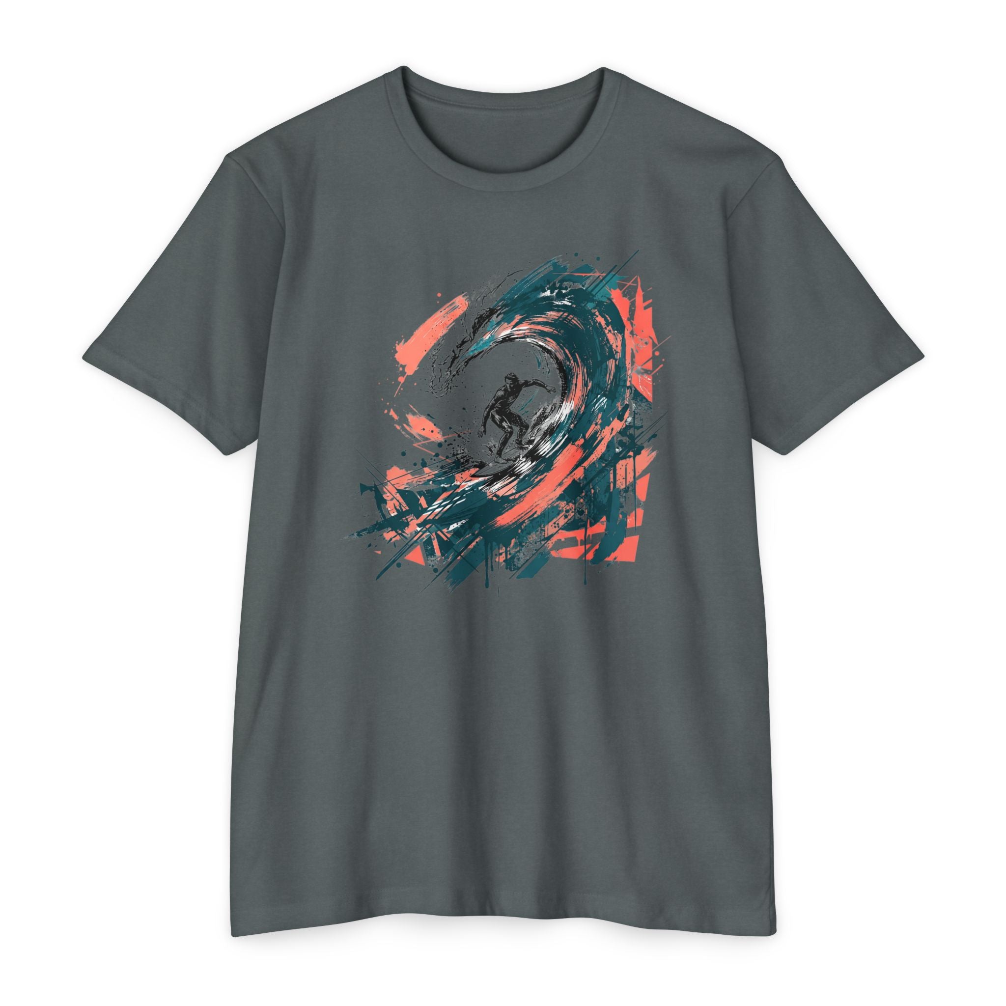Unisex T-shirt in charcoal gray with abstract surfer wave paintbrush graphic on front.