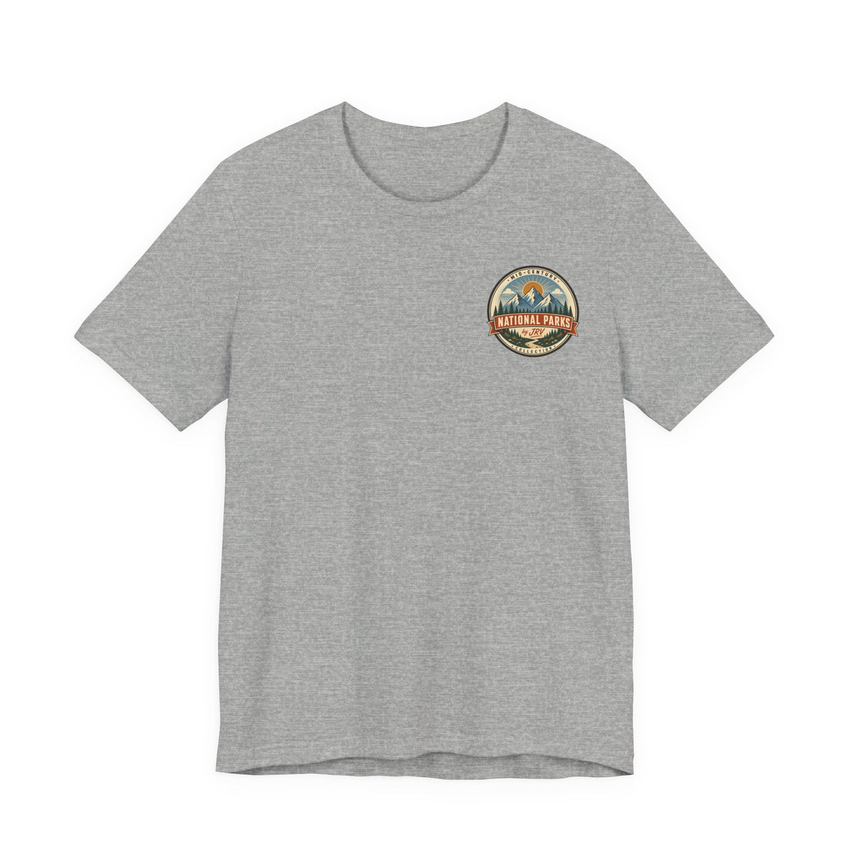 Heather grey T-shirt with small round National Park badge logo on the chest