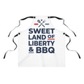 BBQ apron with black straps and bold “Sweet Land of Liberty & BBQ” lettering