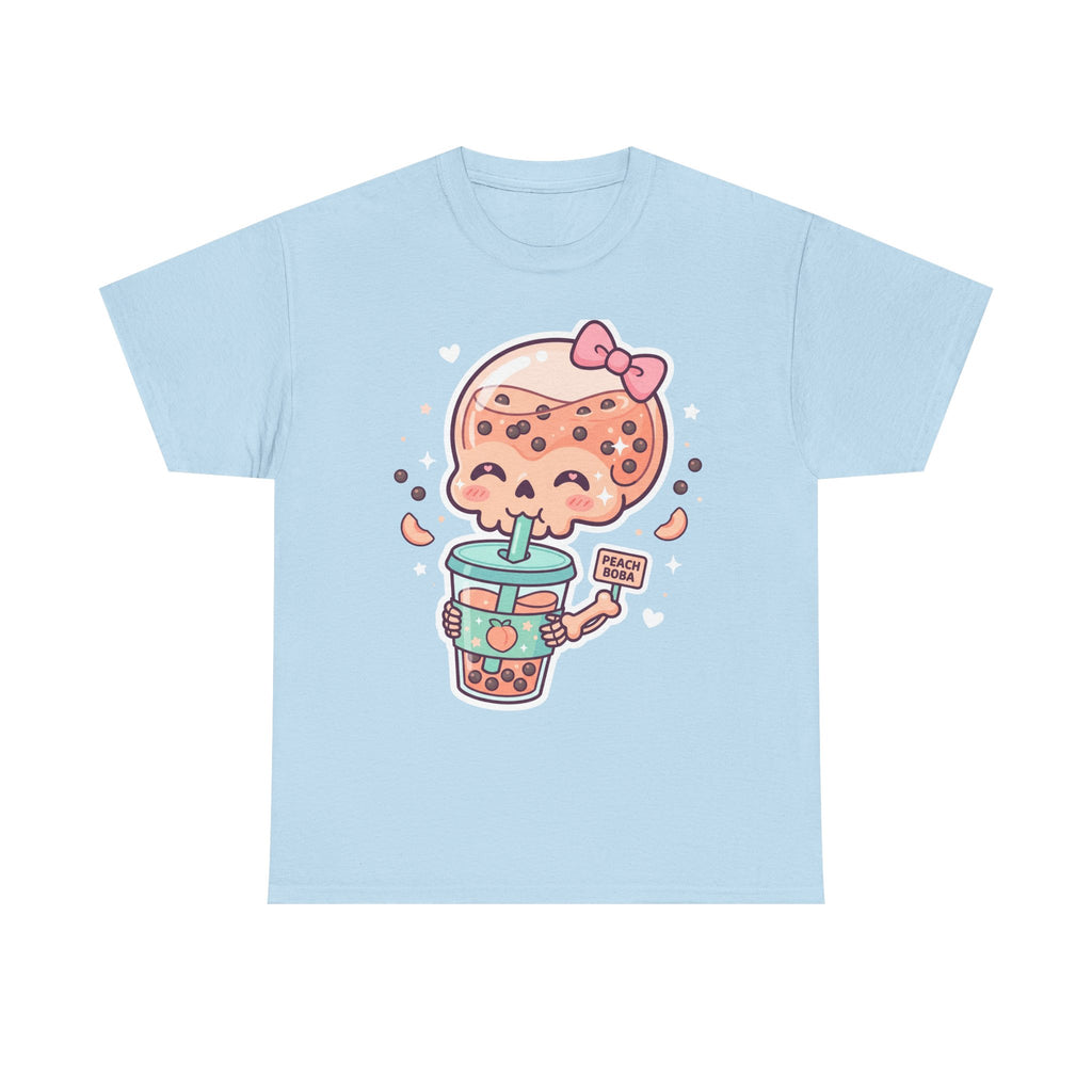 Light blue T-shirt with kawaii boba tea skull graphic holding a cup