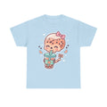 Light blue T-shirt with kawaii boba tea skull graphic holding a cup