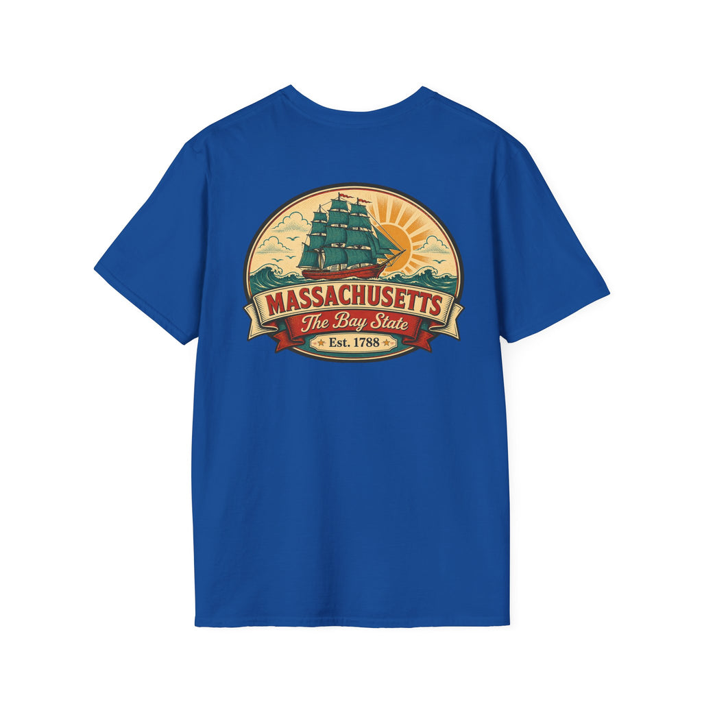 Royal blue Massachusetts T-shirt with circular Bay State logo graphic on front