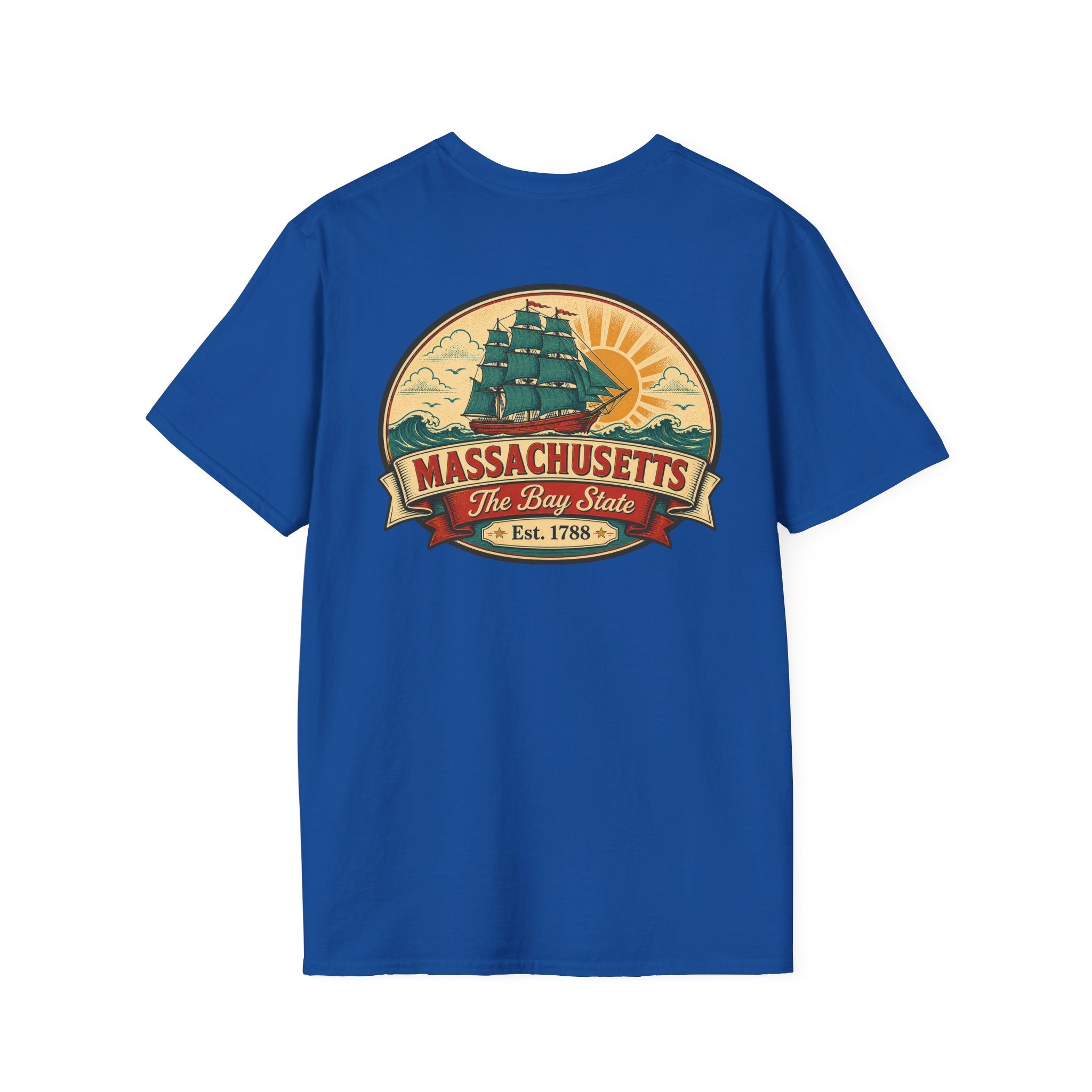 Royal blue Massachusetts T-shirt with circular Bay State logo graphic on front