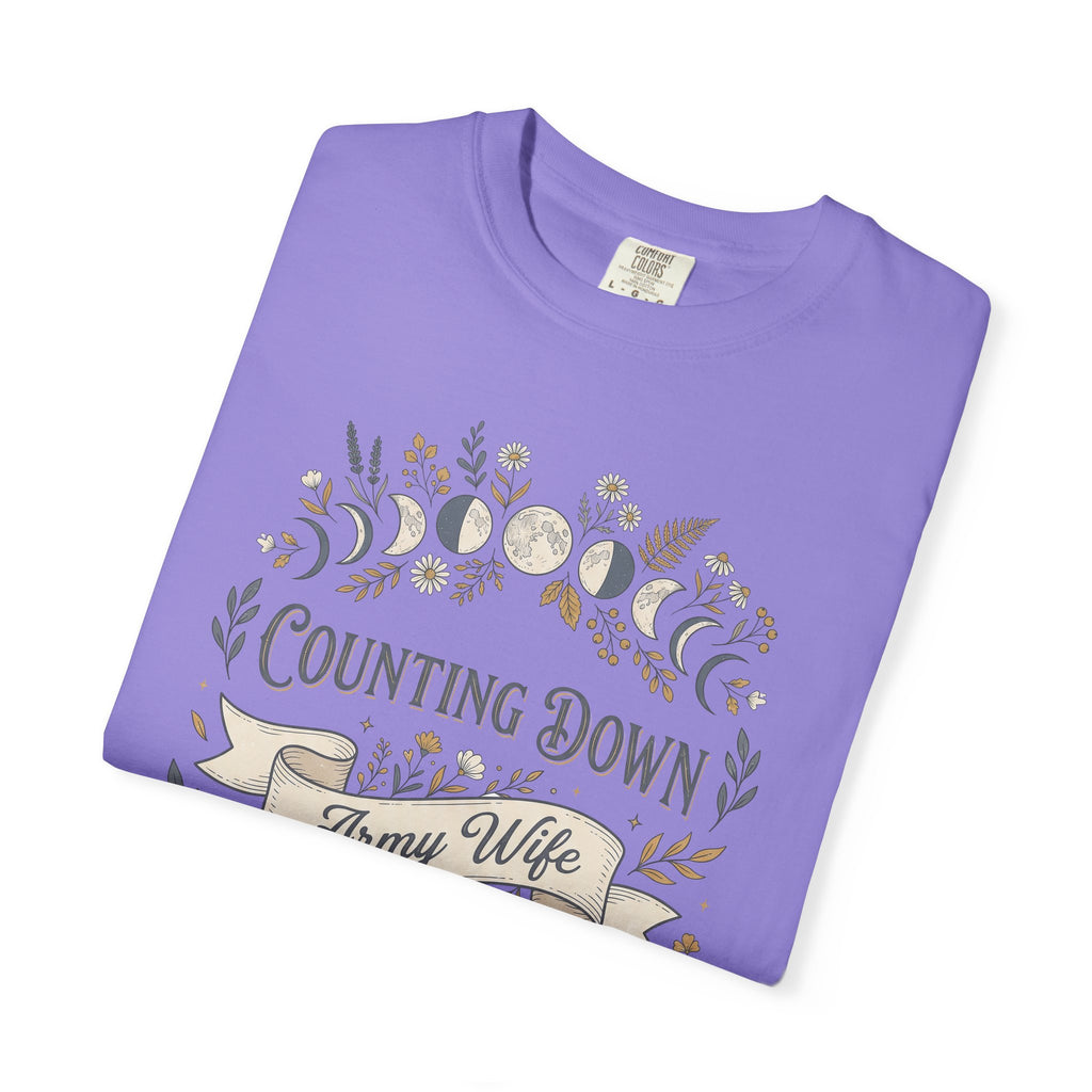 Purple graphic T-shirt with floral crescent and “Counting Down” and “Army Wife”