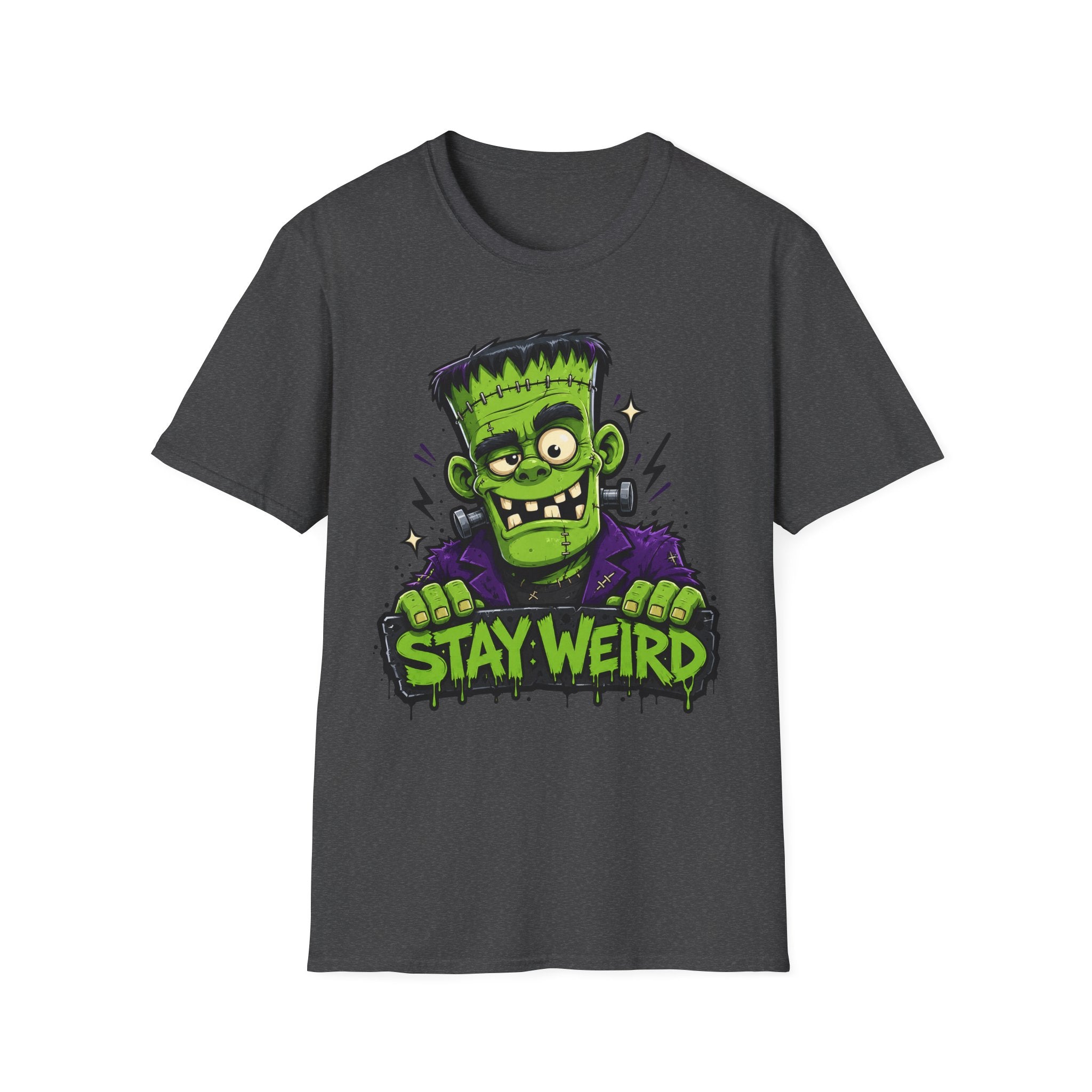 Dark gray graphic monster T-shirt with green character and “STAY WEIRD” text