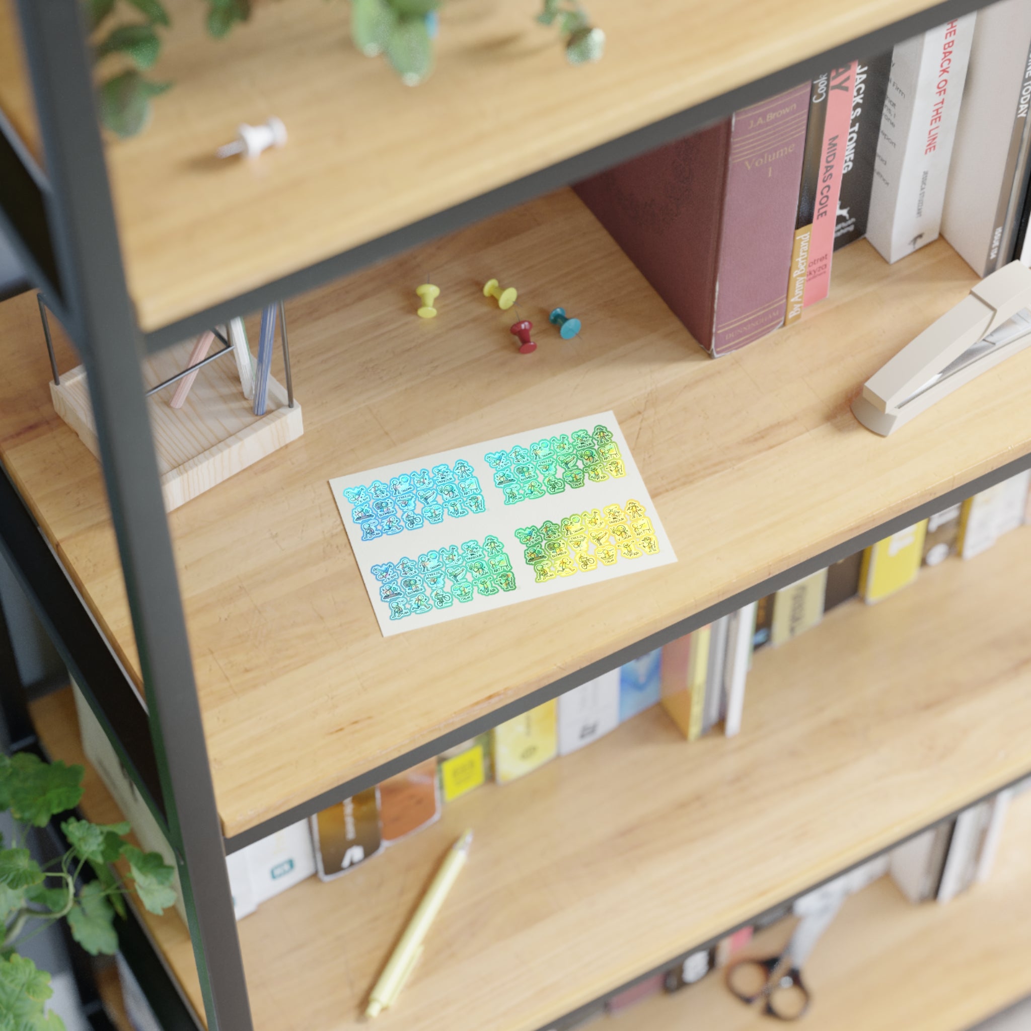 Character activity sticker sheet with small die-cut icons in blue and yellow tones