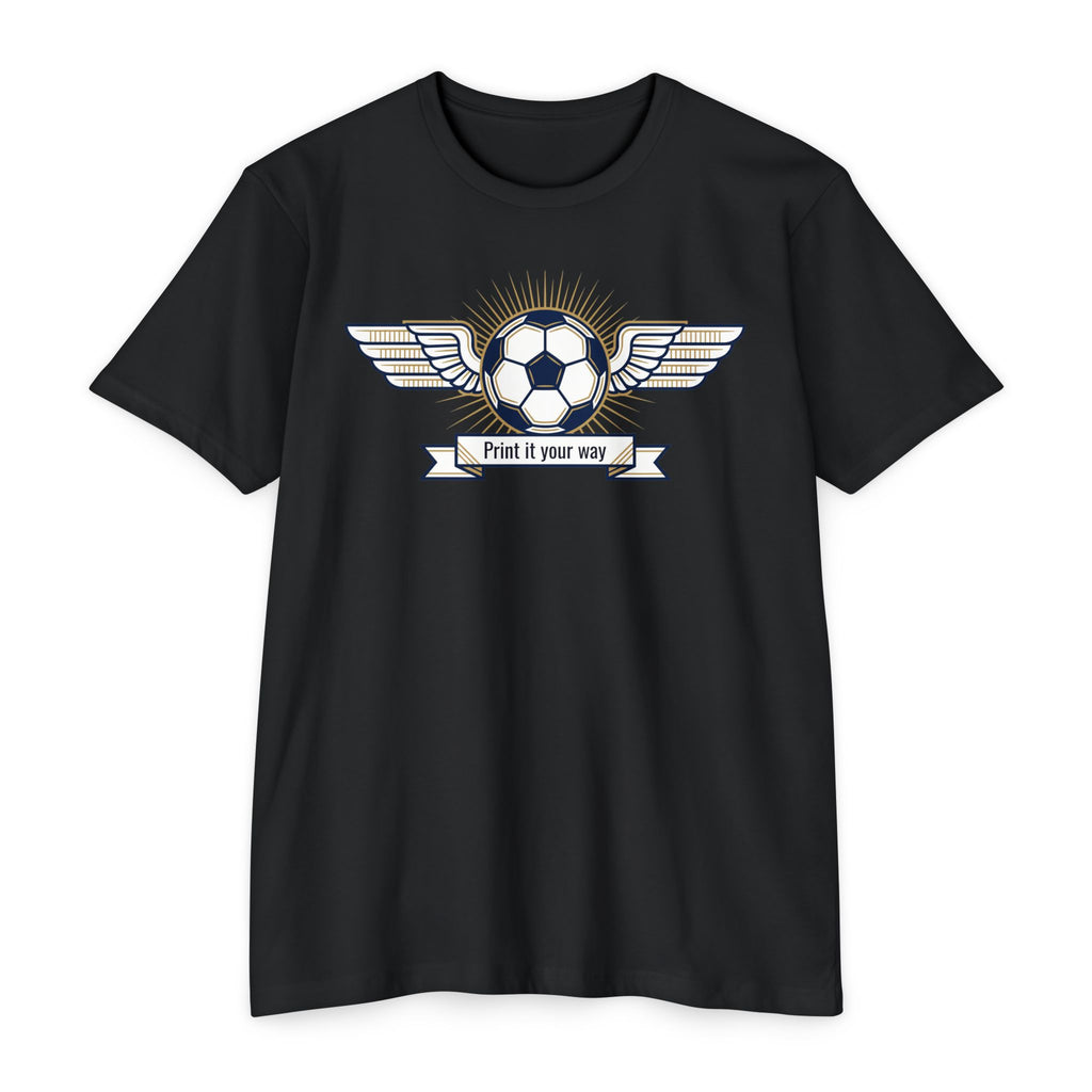 Black soccer T-shirt with winged ball emblem and banner graphic