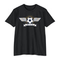 Black soccer T-shirt with winged ball emblem and banner graphic