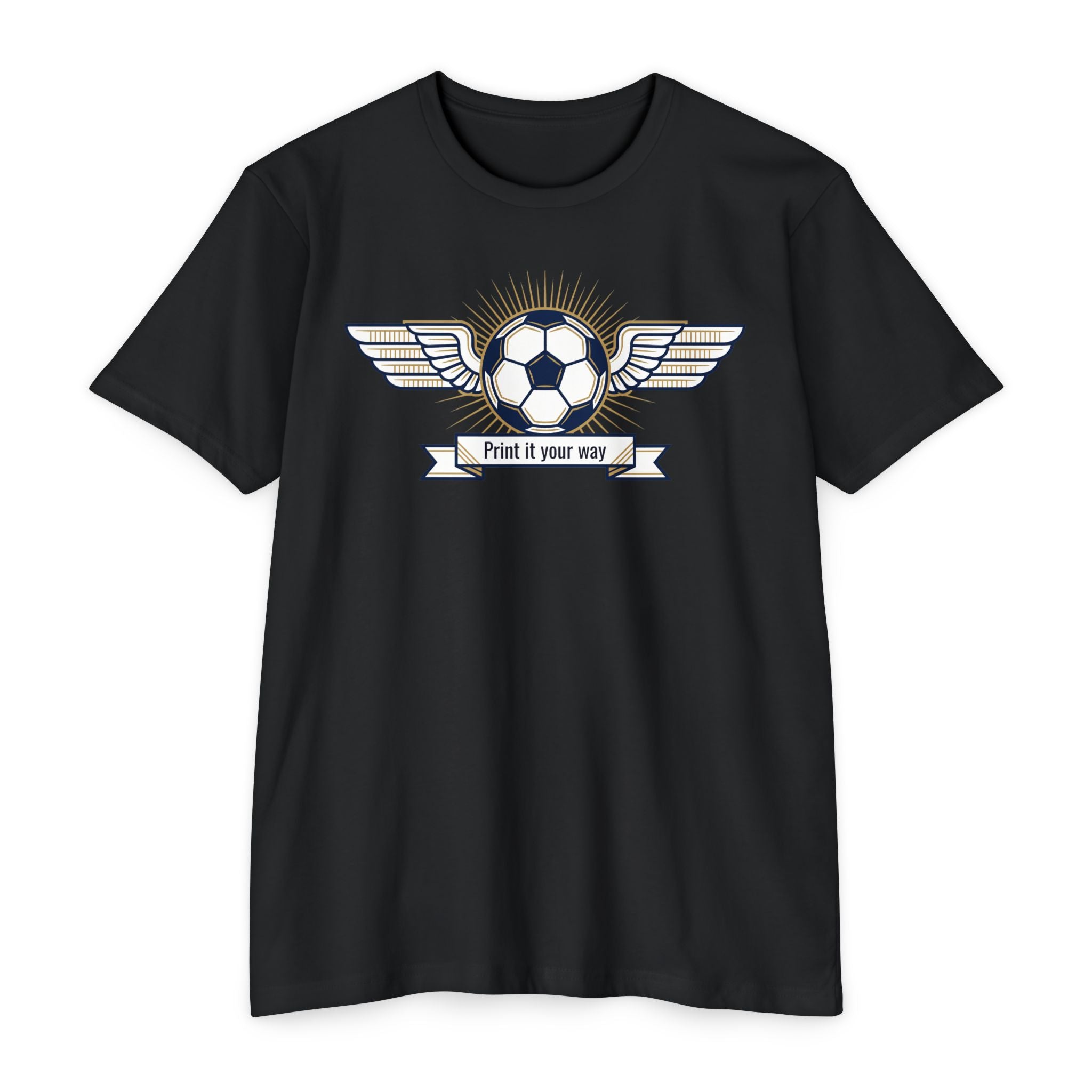 Black soccer T-shirt with winged ball emblem and banner graphic