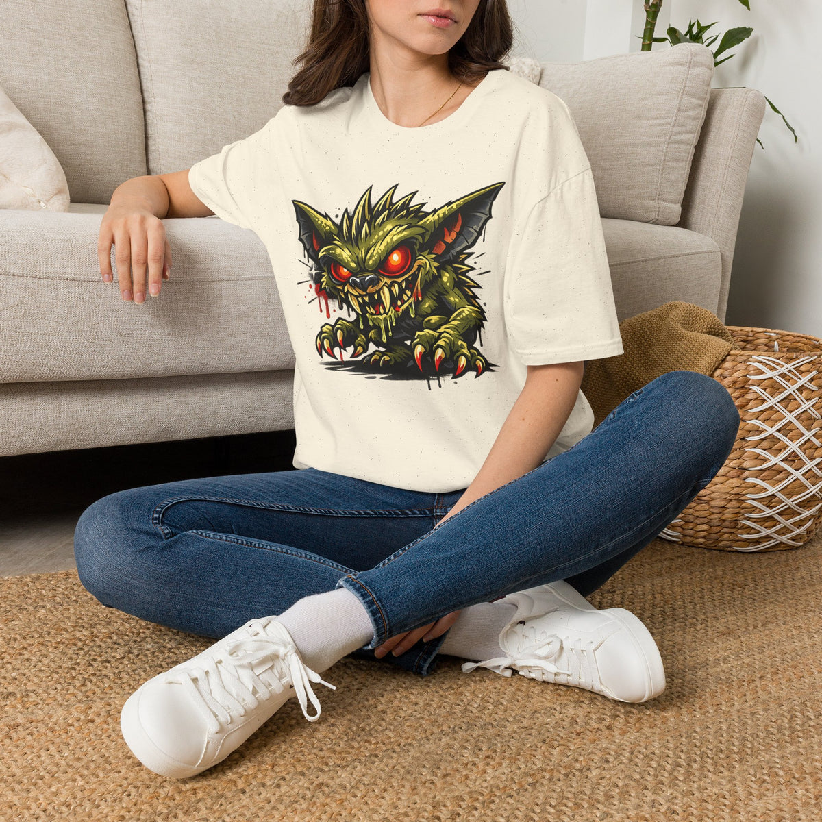 Unisex white crewneck T-shirt with green gremlin red-eyed graphic front