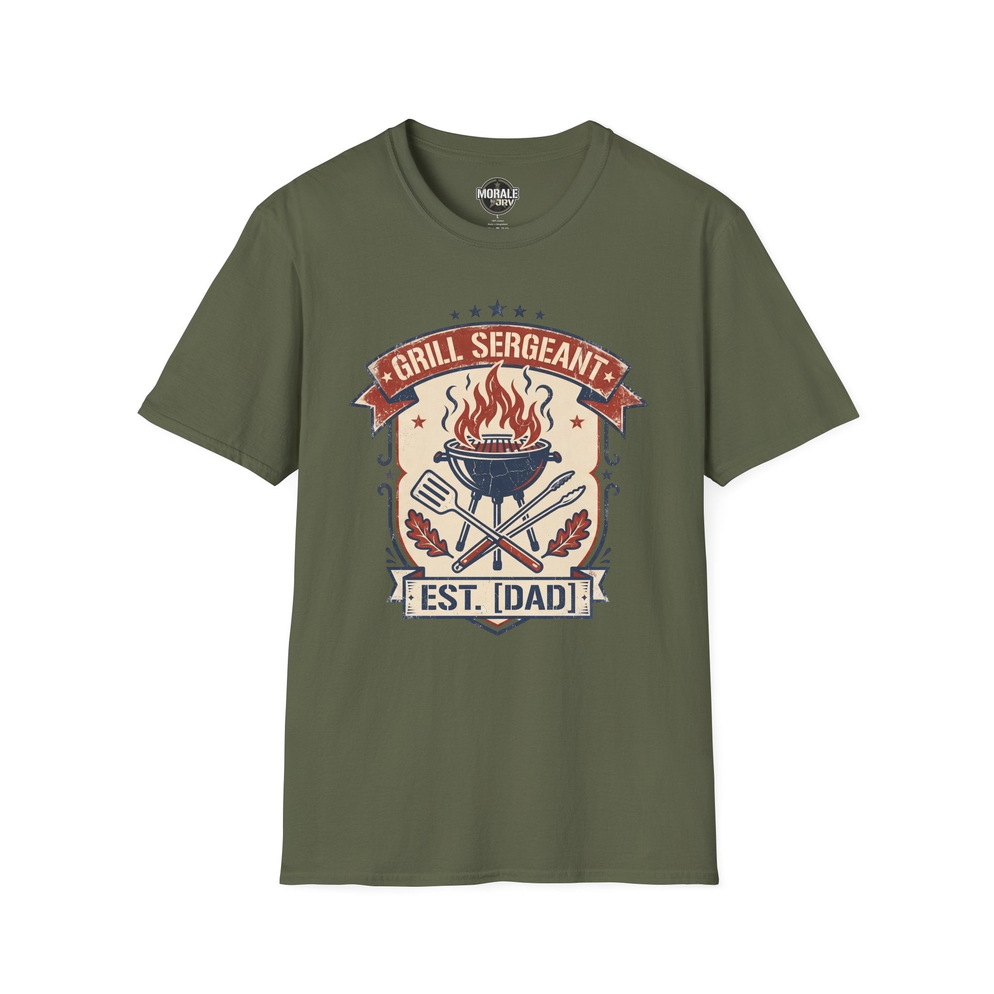 Military green “Grill Sergeant EST. [Dad]” BBQ badge T-shirt with flame grill art