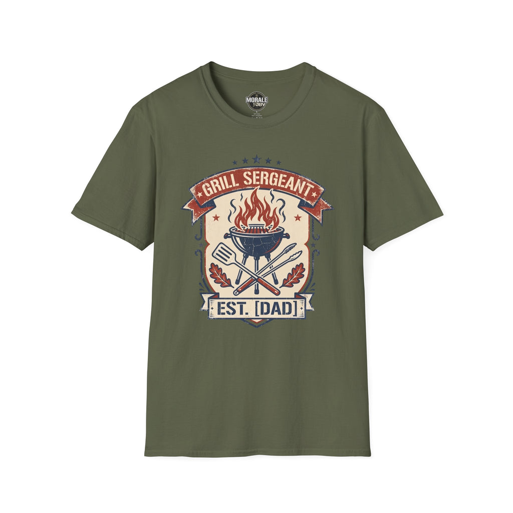 Military green Grill Sergeant BBQ T-shirt with flaming grill and EST. [DAD] badge graphic