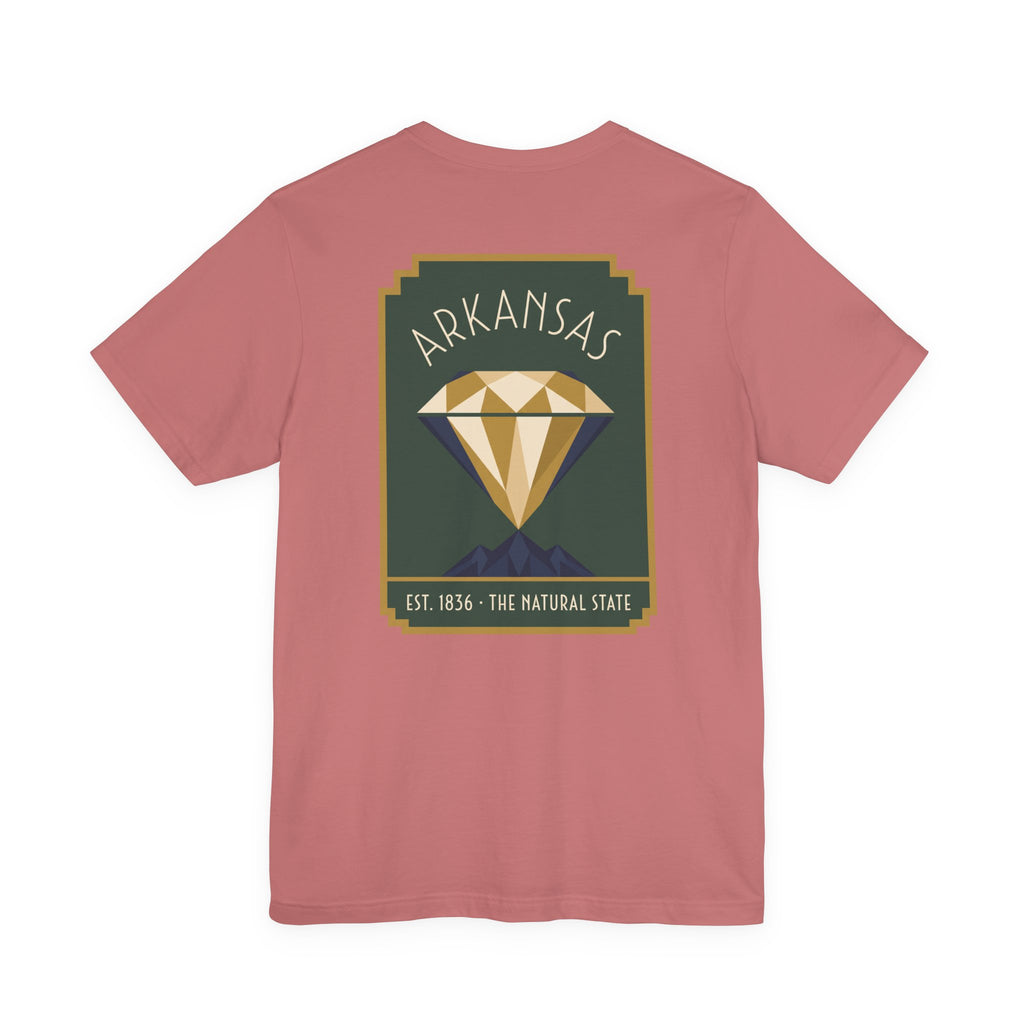 Dusty rose T-shirt with Arkansas diamond art deco graphic, Est. 1836