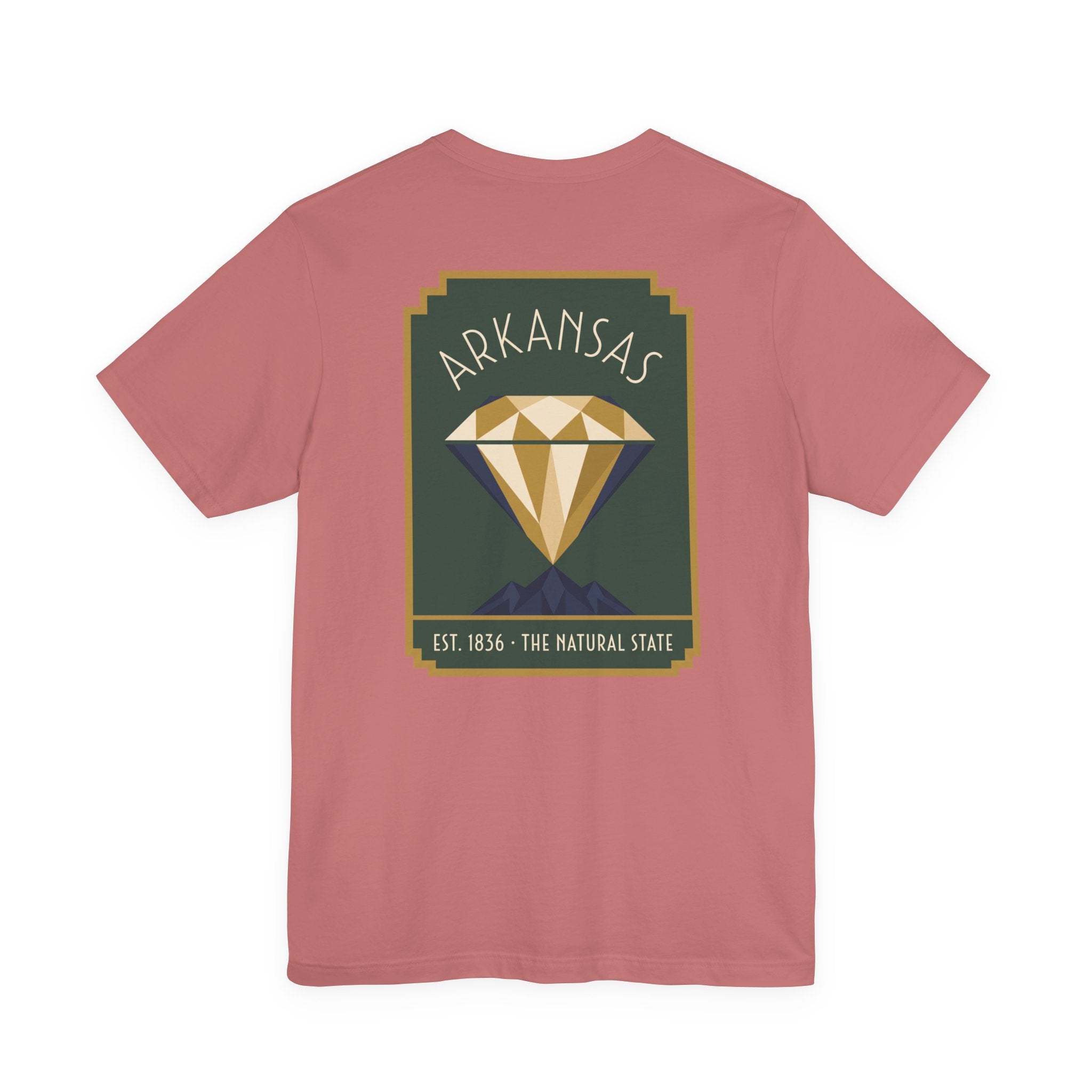 Dusty rose T-shirt with Arkansas diamond art deco graphic, Est. 1836
