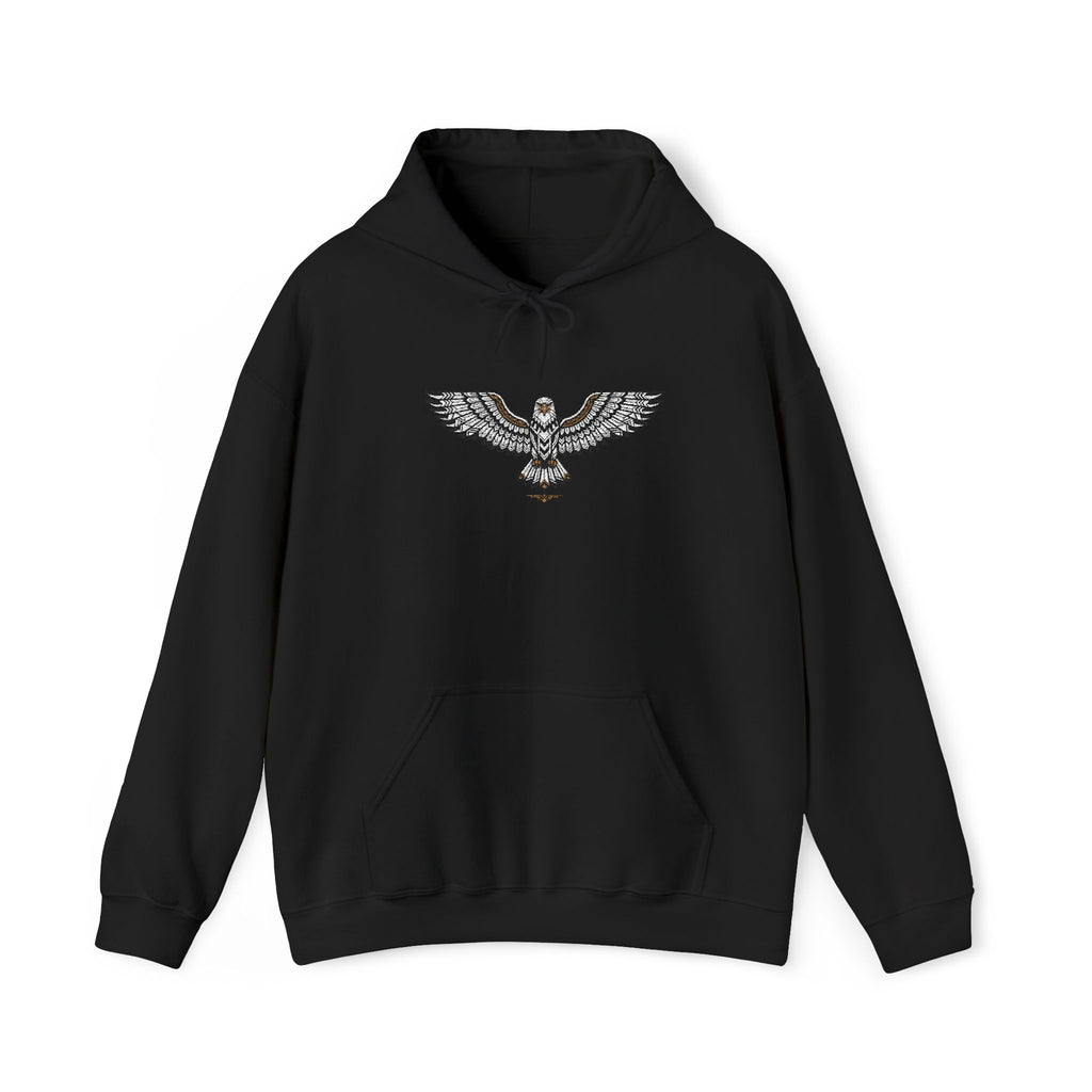 Black unisex hoodie with drawstring hood, front pocket, rhinestone eagle chest design