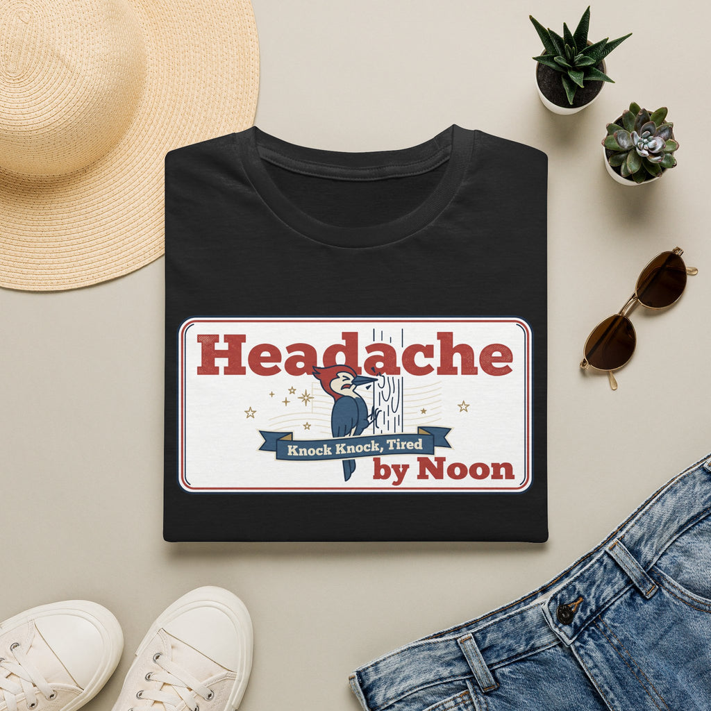 Black crewneck t-shirt with "Headache by Noon" nurse graphic print on front