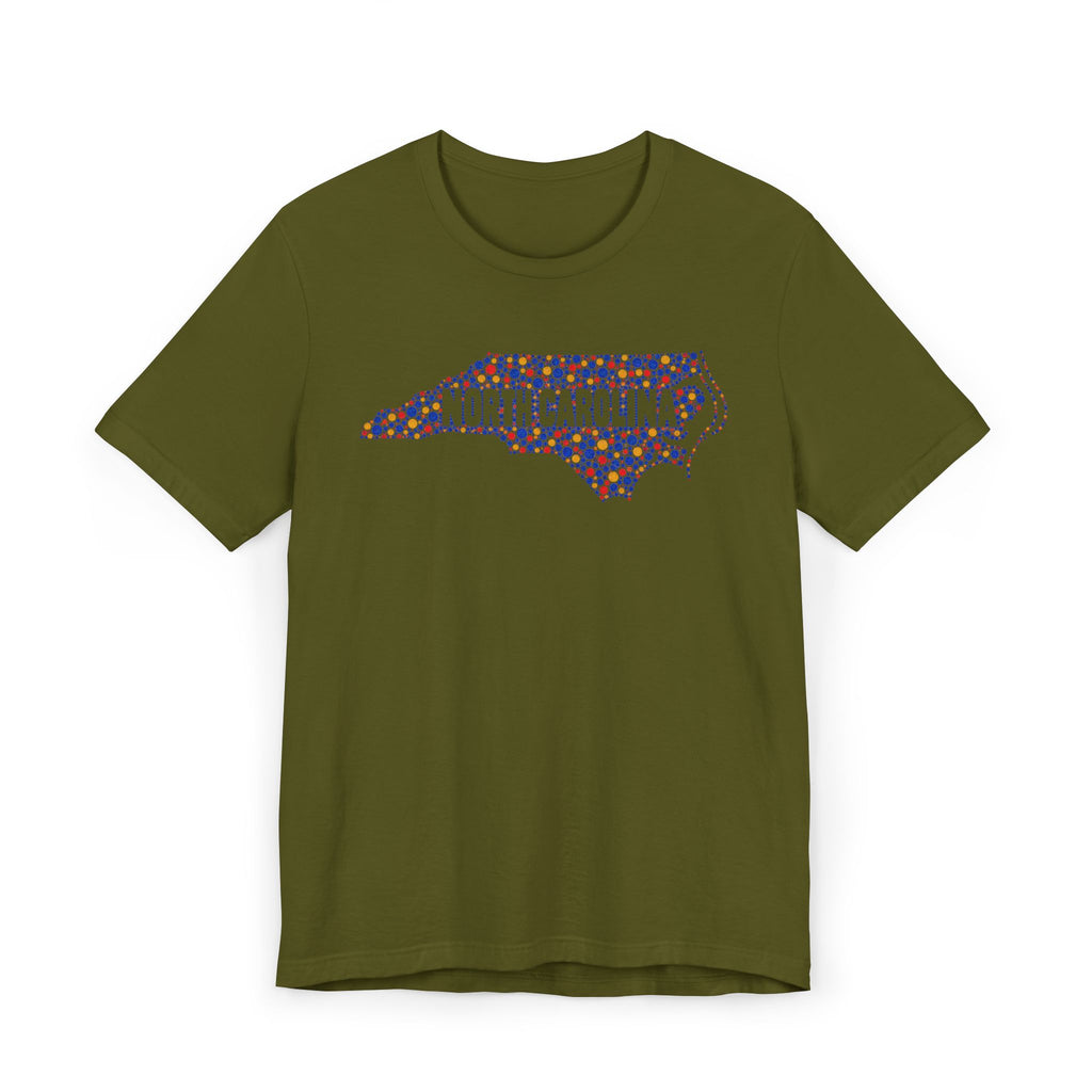 Green T-shirt with colorful North Carolina floral map outline graphic on chest