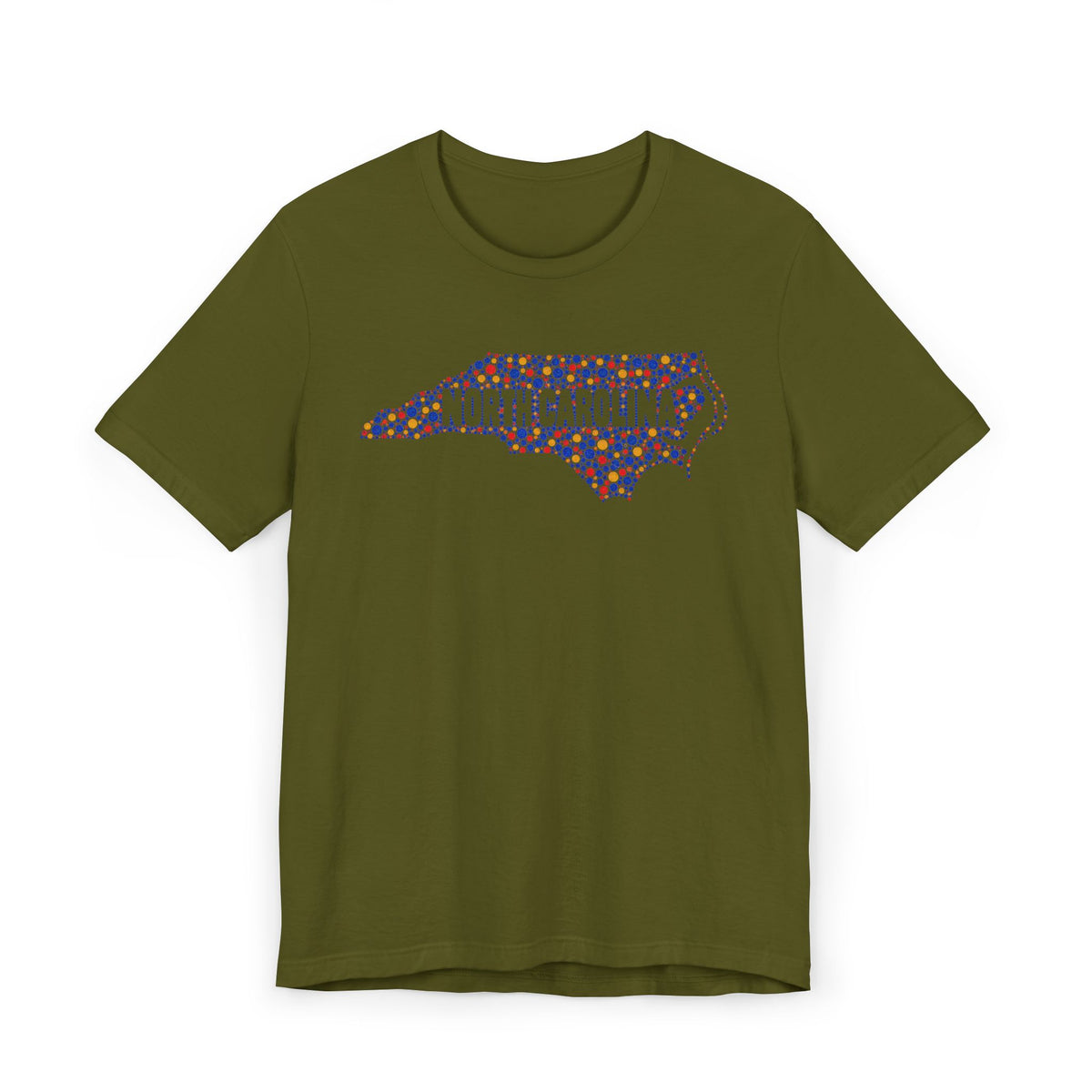 Green T-shirt with colorful North Carolina floral map outline graphic on chest