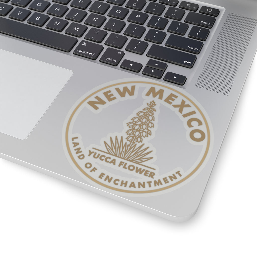 Round New Mexico yucca flower seal sticker on laptop, transparent vinyl decal