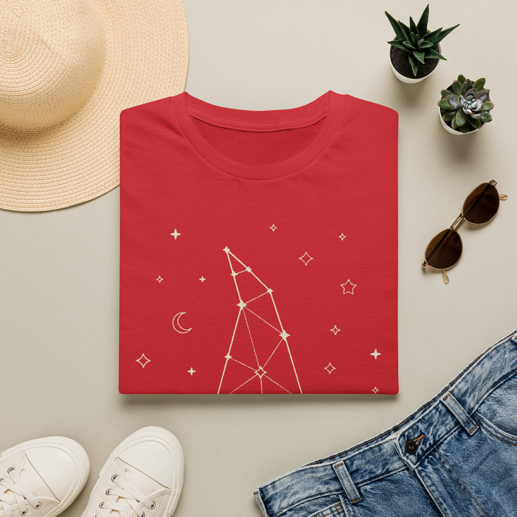 Red crewneck T-shirt with constellation lines, crescent moon, and star symbols, flat front