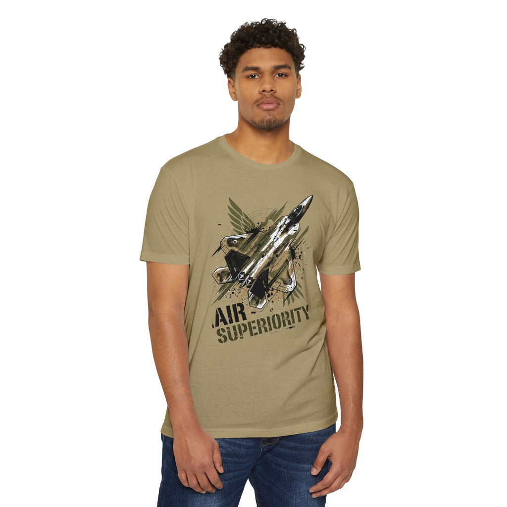 Air superiority jet fighter T-shirt in light olive with front jet graphic and text