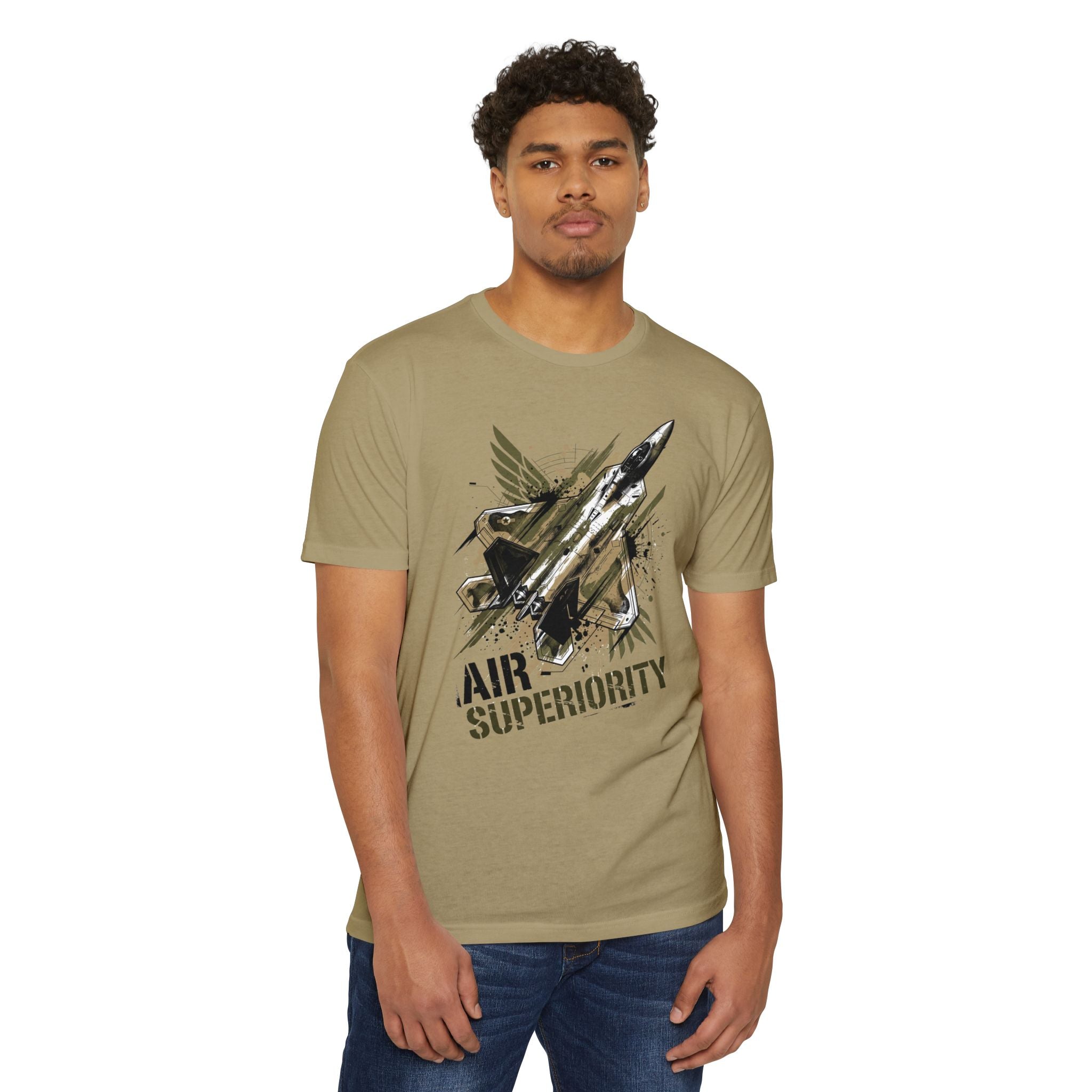 Air superiority jet fighter T-shirt in light olive with front jet graphic and text
