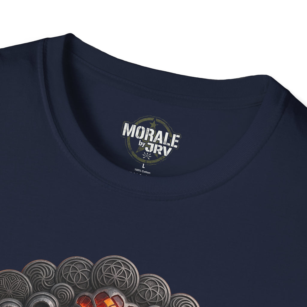 Navy T-shirt neck label with partial swirl and volcano graphic detail.