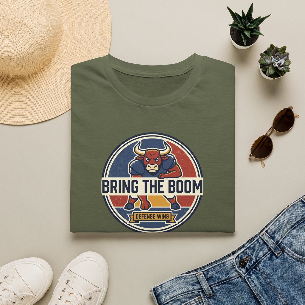Bull mascot graphic T-shirt in military green with round logo front print