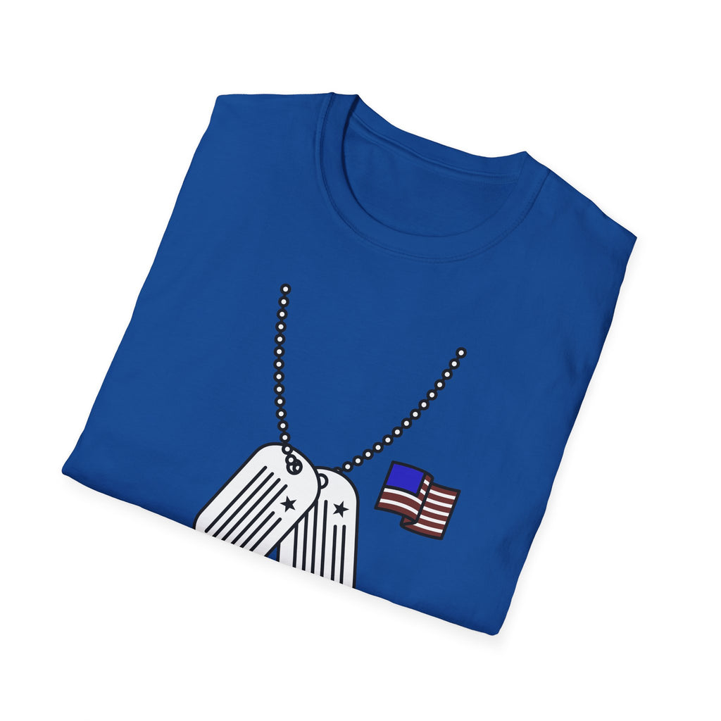 Royal blue T-shirt with dog tag chain and striped dog tag graphic plus small flag
