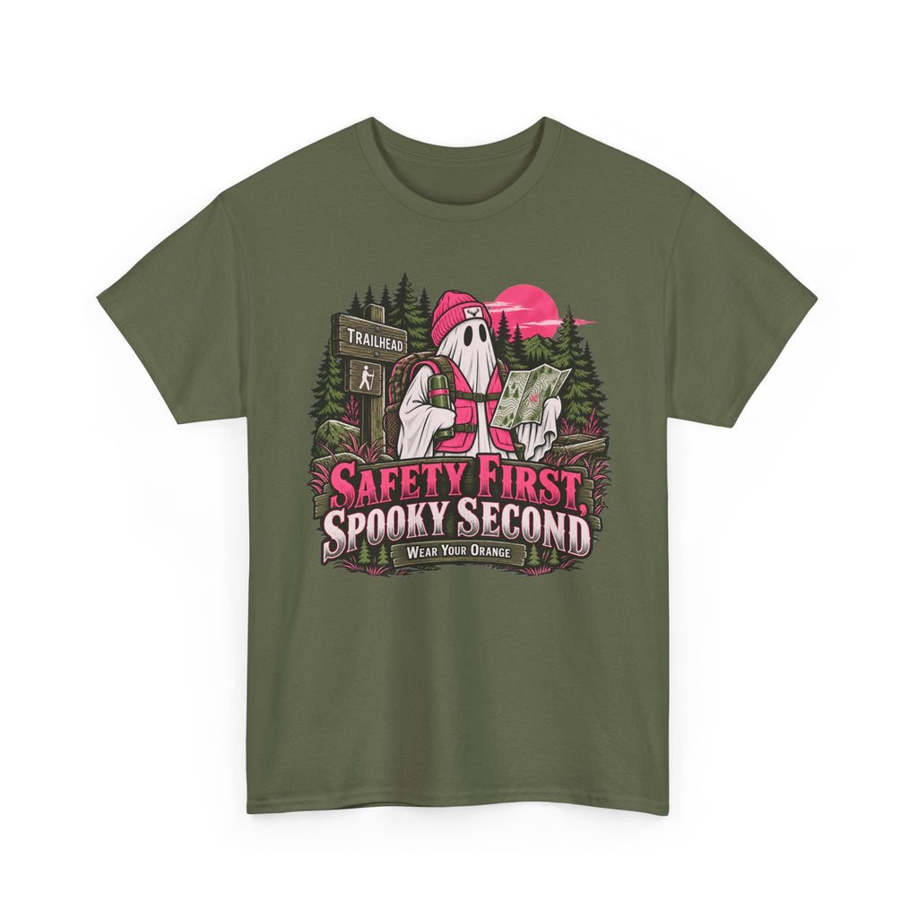 Safety First Spooky Second T-Shirt, Funny Ghost Hiker Halloween Shirt for Men and Women, Camping Trail Graphic Tee